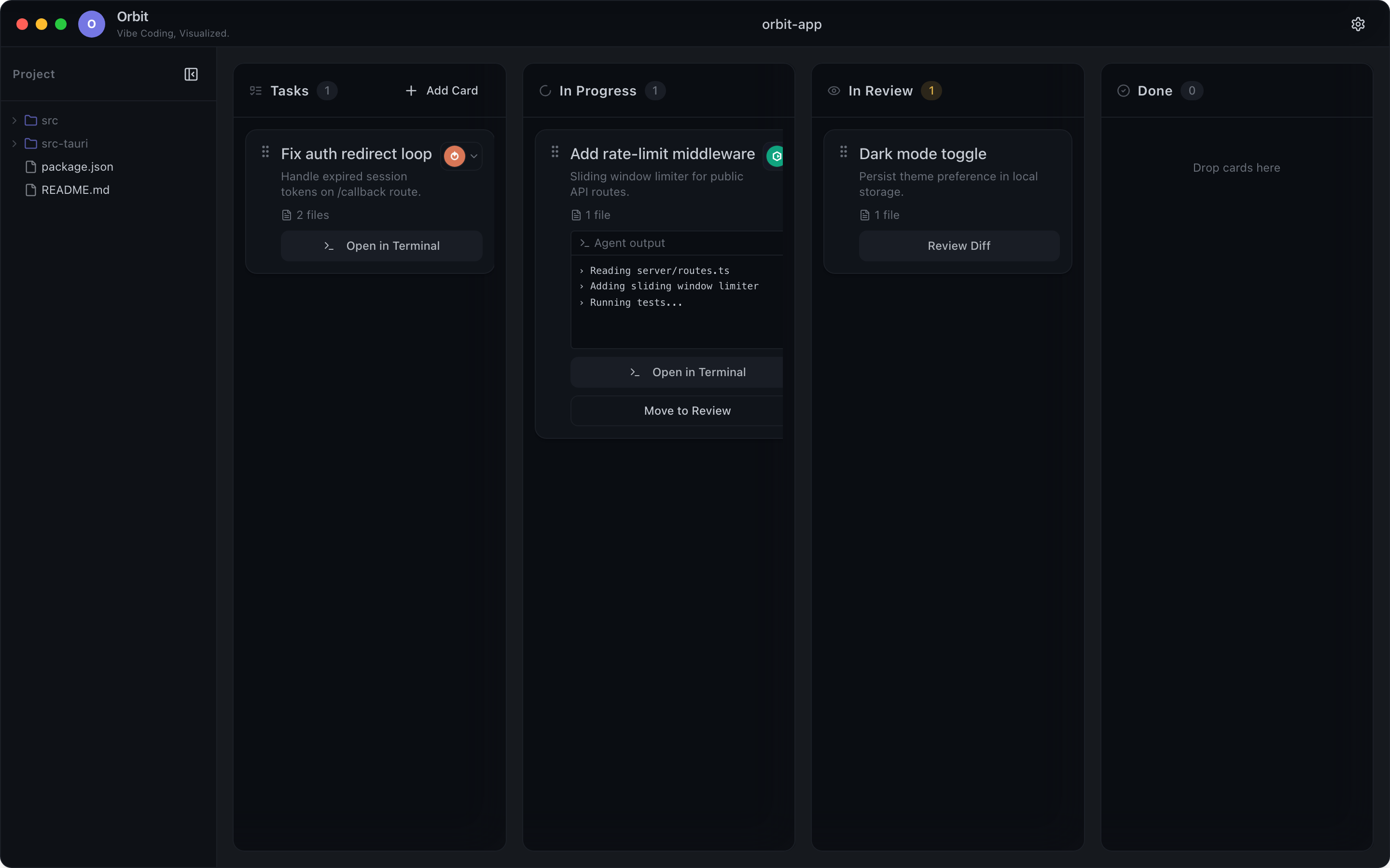 Lane Kanban board showing tasks in progress with live agent output streaming on cards