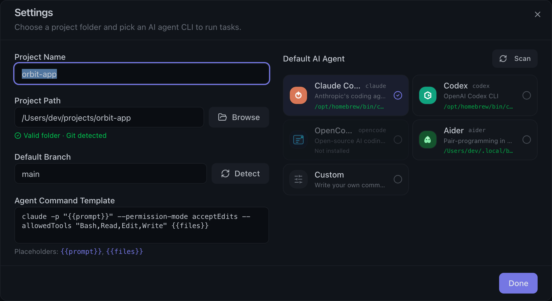 Lane Settings dialog showing project path configuration, Git branch detection, agent command template, and installed AI agent selection